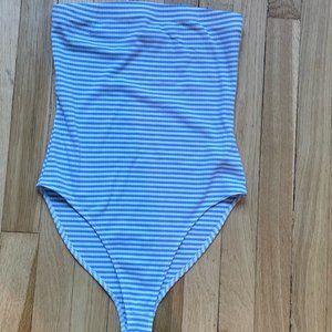 Blue and White Strapless Bodysuit